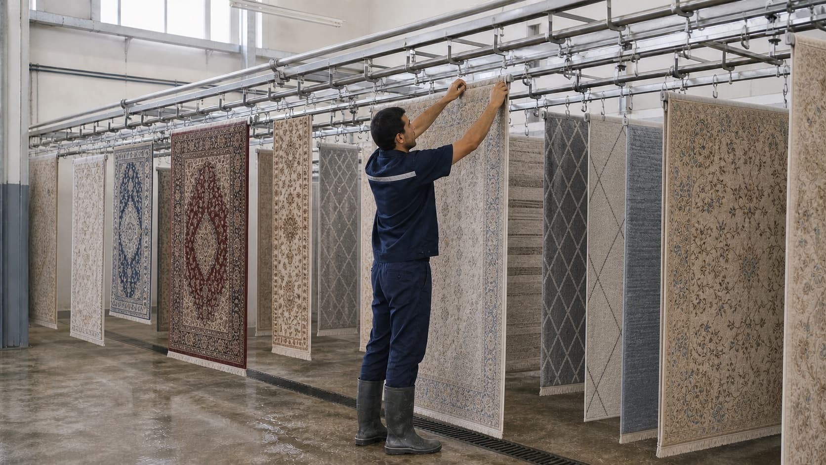 Fabrika kurutma alanında halıları aralıklı askı raylarına yerleştiren çalışan