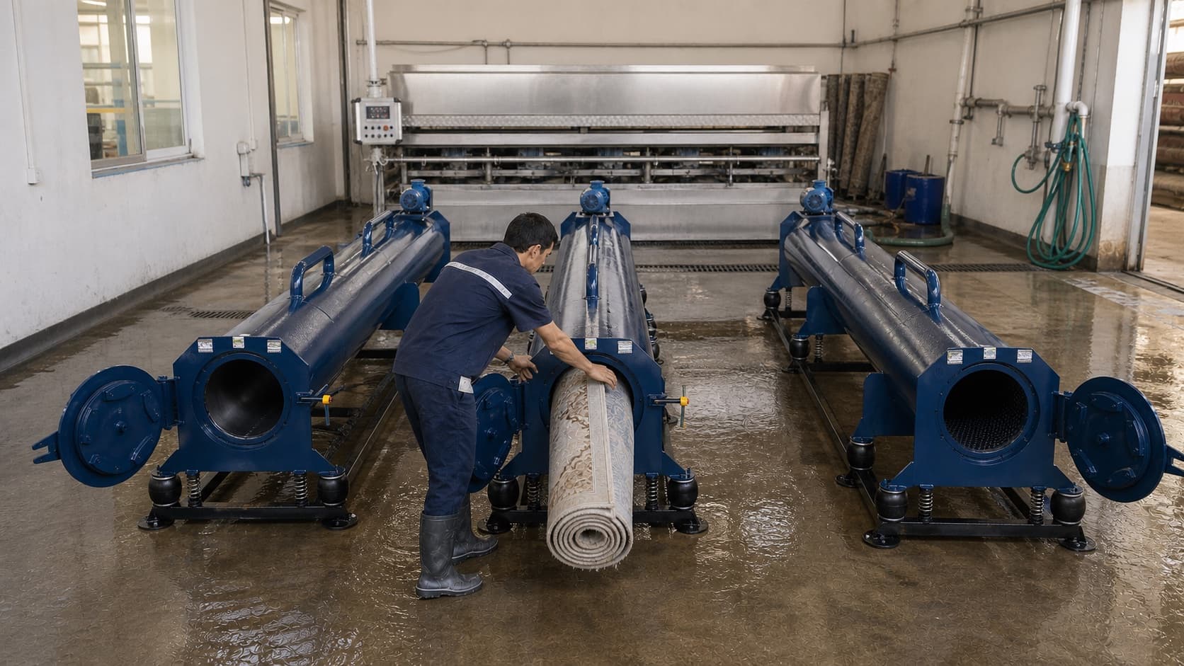 Üç koyu mavi boru tipi halı sıkma makinesinden birini kontrol eden fabrika çalışanı