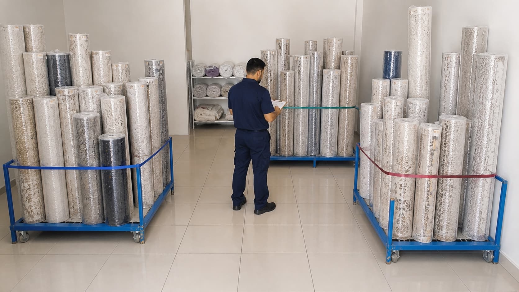 Paketli halıları üç ayrı servis grubuna ayıran çalışan ve taşıma rafları