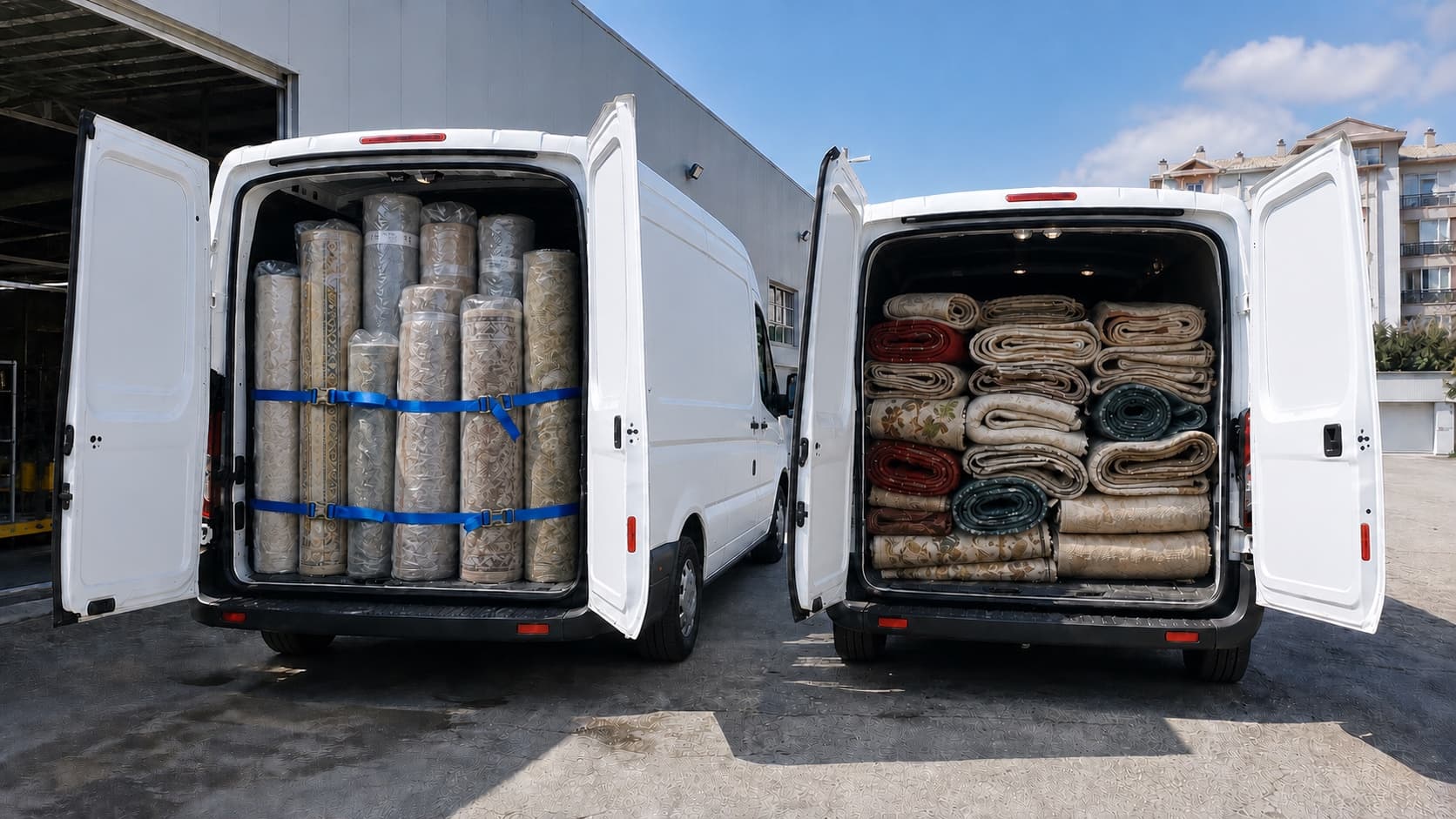 Yan yana iki servis aracında ayrı tutulan paketli teslim halıları ve yıkamaya alınan halılar