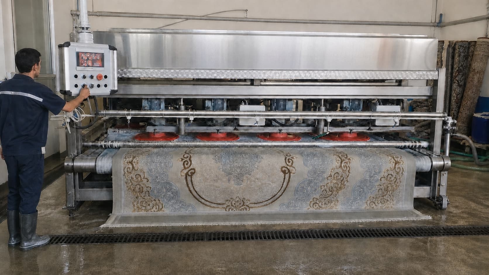 Dört fırçalı otomatik makinede yıkanan desenli halı ve kontrol panelindeki çalışan