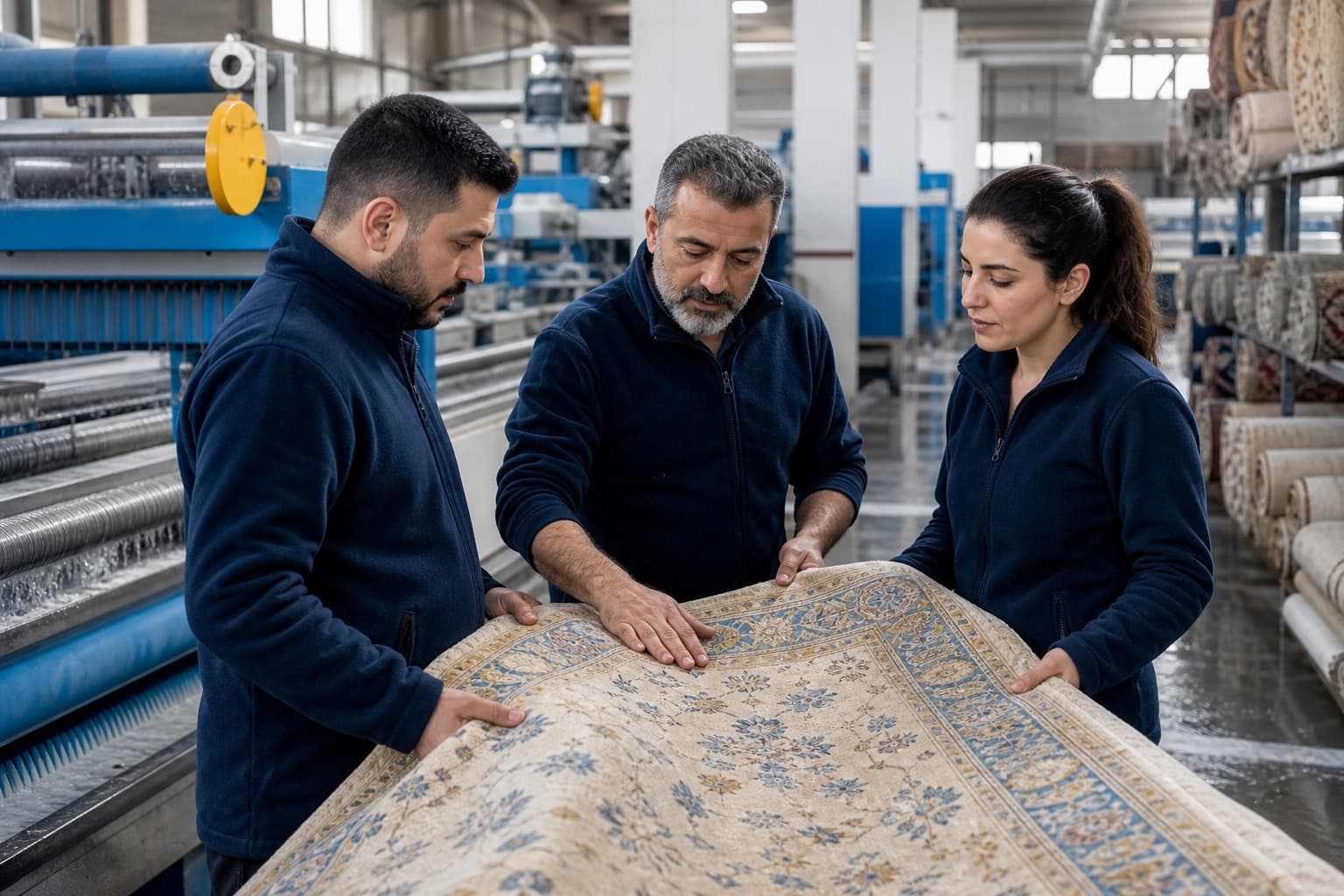Başkent Çağdaş tesisinde temizlenen halıyı birlikte kontrol eden üç kişilik ekip