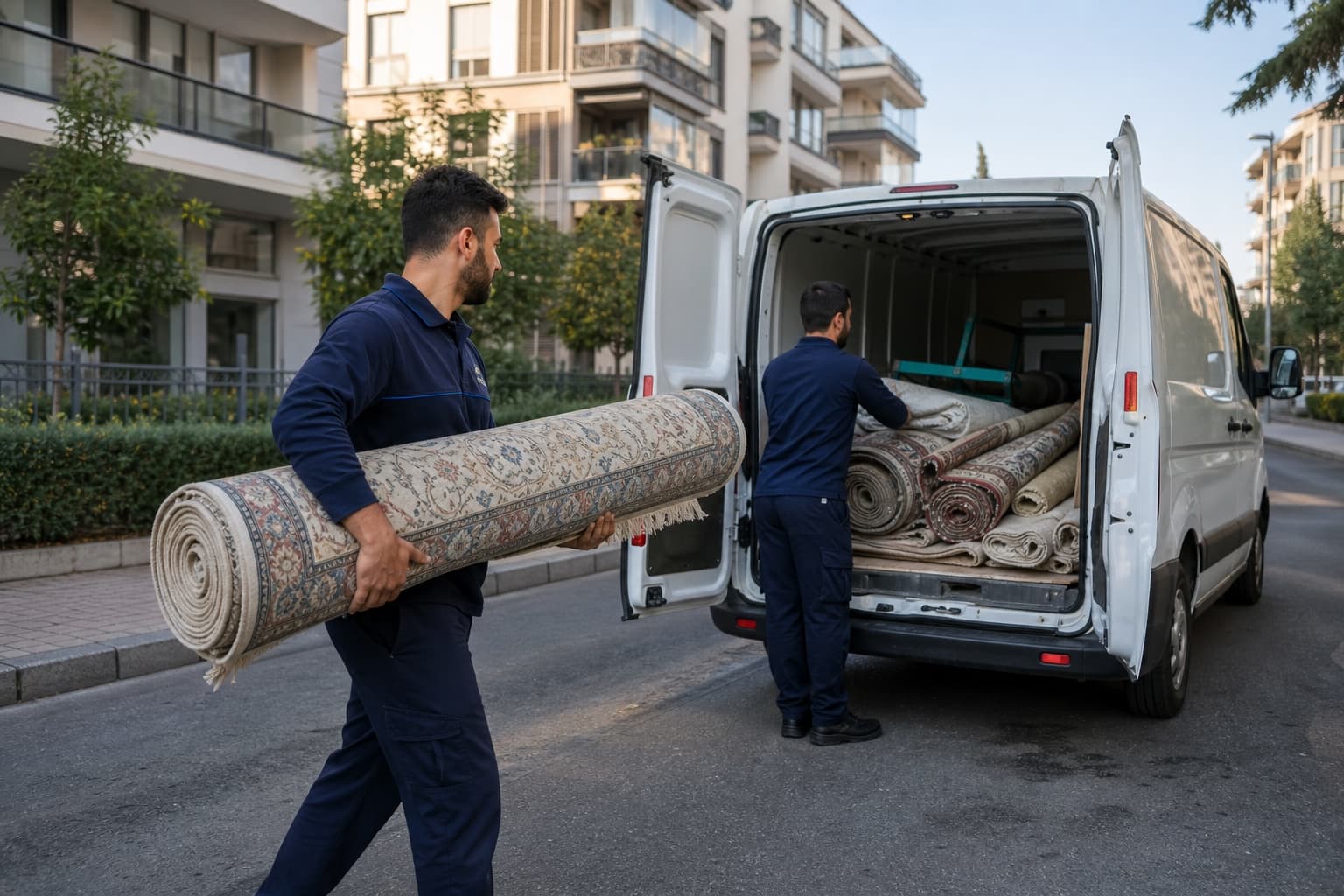 Ankara'da rulo halıları servis aracına düzenli biçimde yükleyen Başkent Çağdaş ekibi
